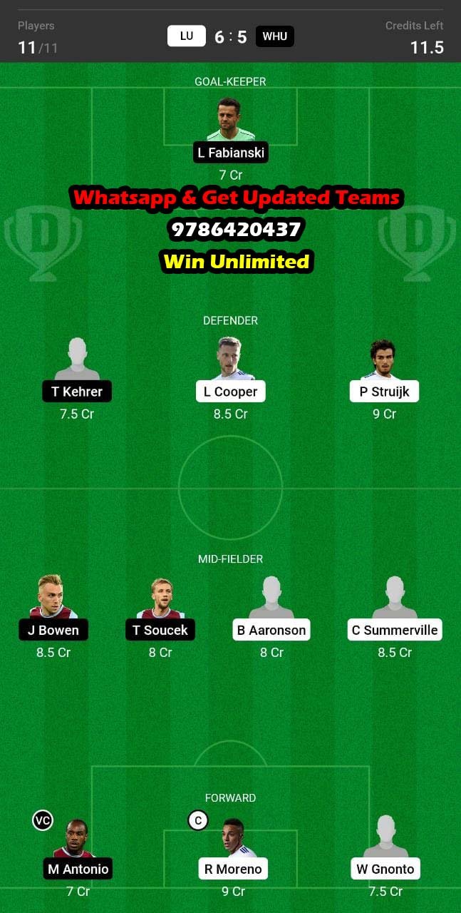 LU vs WHU Dream11 Team fantasy Prediction Premier League