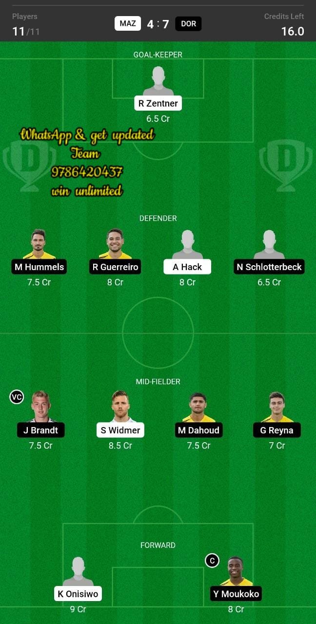 MAZ vs DOR Dream11 Team fantasy Prediction Bundesliga