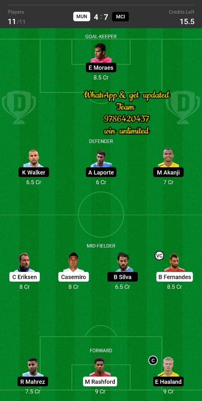 MUN vs MCI Dream11 Team fantasy Prediction Premier League