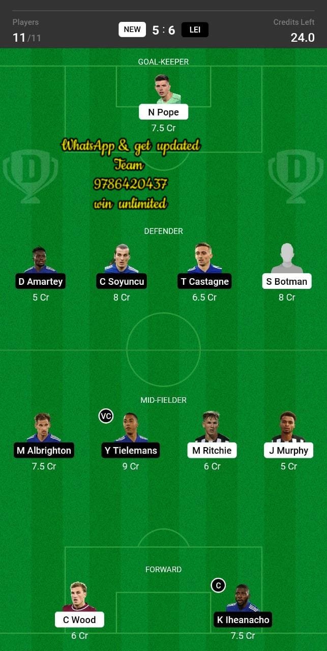 NEW vs LEI Dream11 Team fantasy Prediction English League Cup