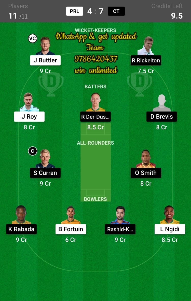 PRL vs CT 16th Match Dream11 Team fantasy Prediction SA T20 League