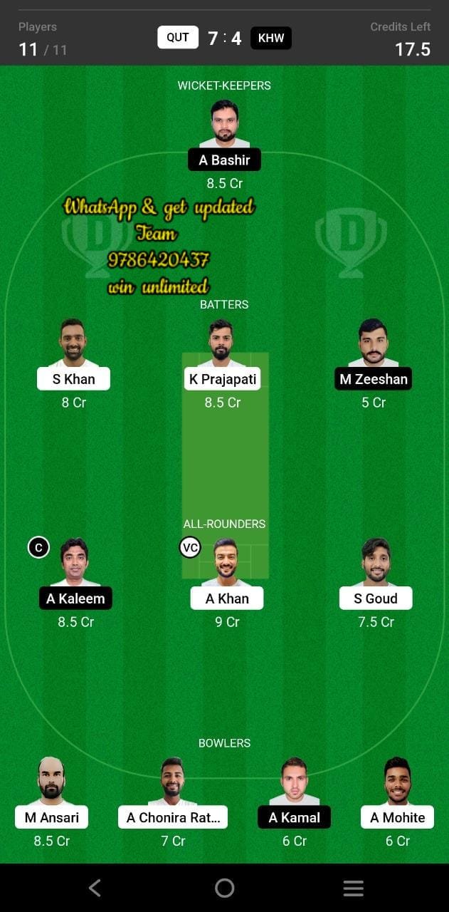 QUT vs KHW 13th Match Dream11 Team fantasy Prediction Oman D20