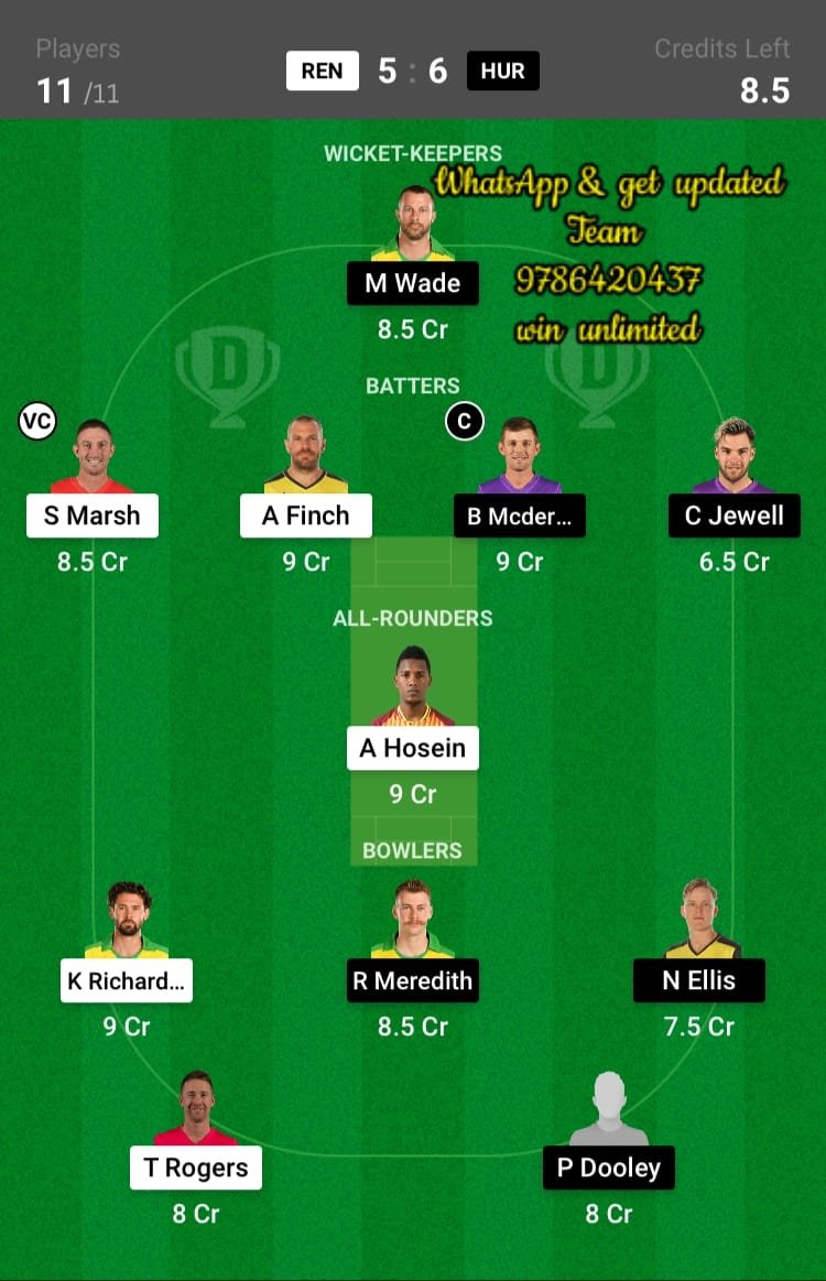 REN vs HUR 32nd Match Dream11 Team fantasy Prediction KFC Big Bash League T20