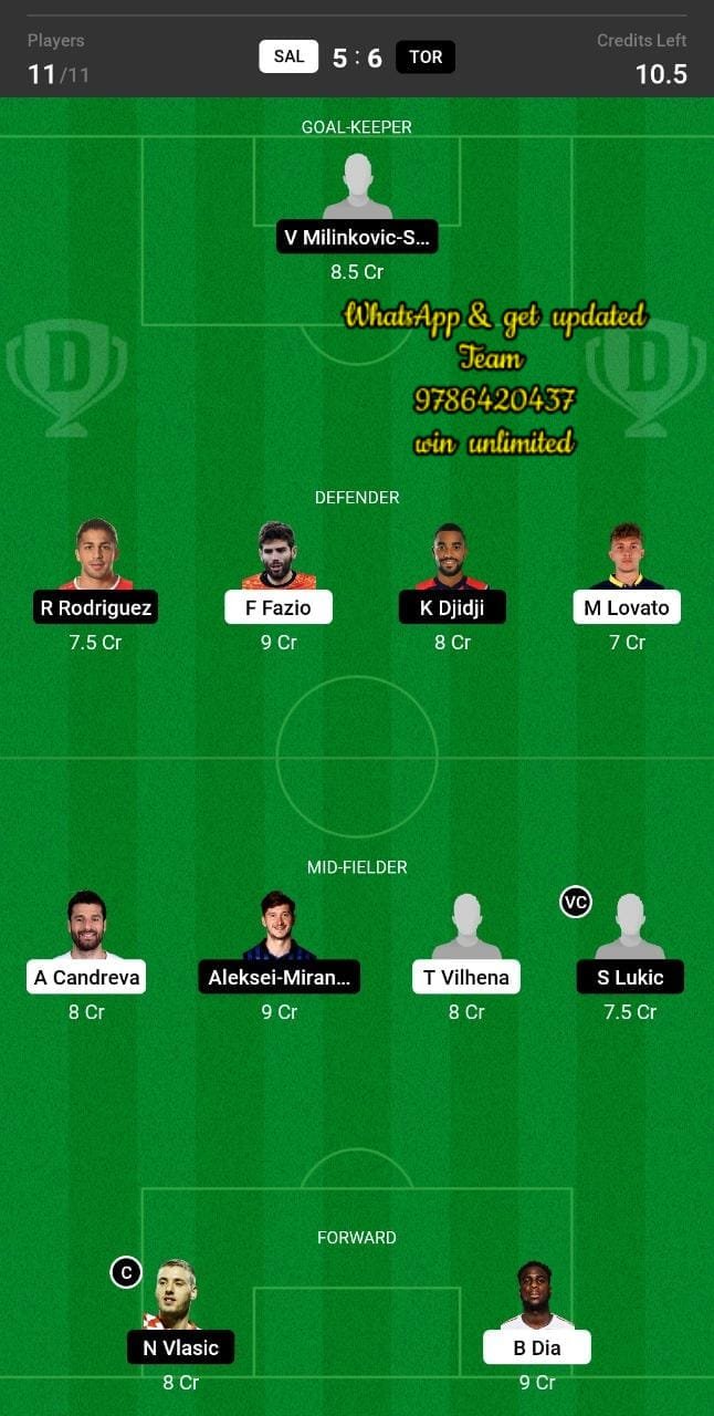 SAL vs TOR Dream11 Team fantasy Prediction Serie A