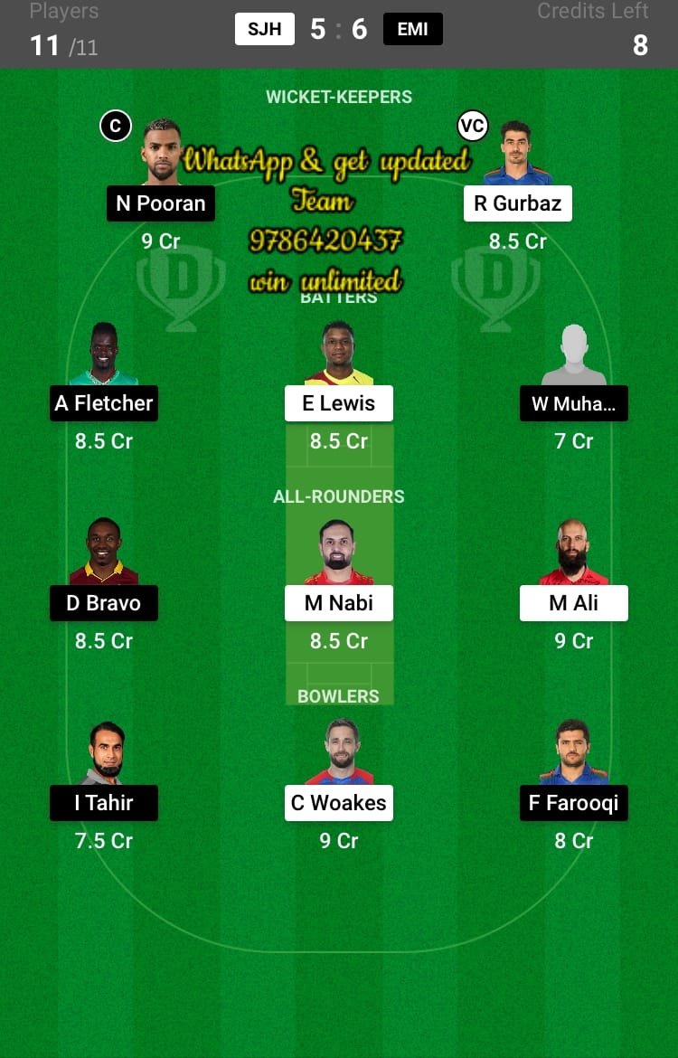 SJH vs EMI 6th Match Dream11 Team fantasy Prediction UAE T20