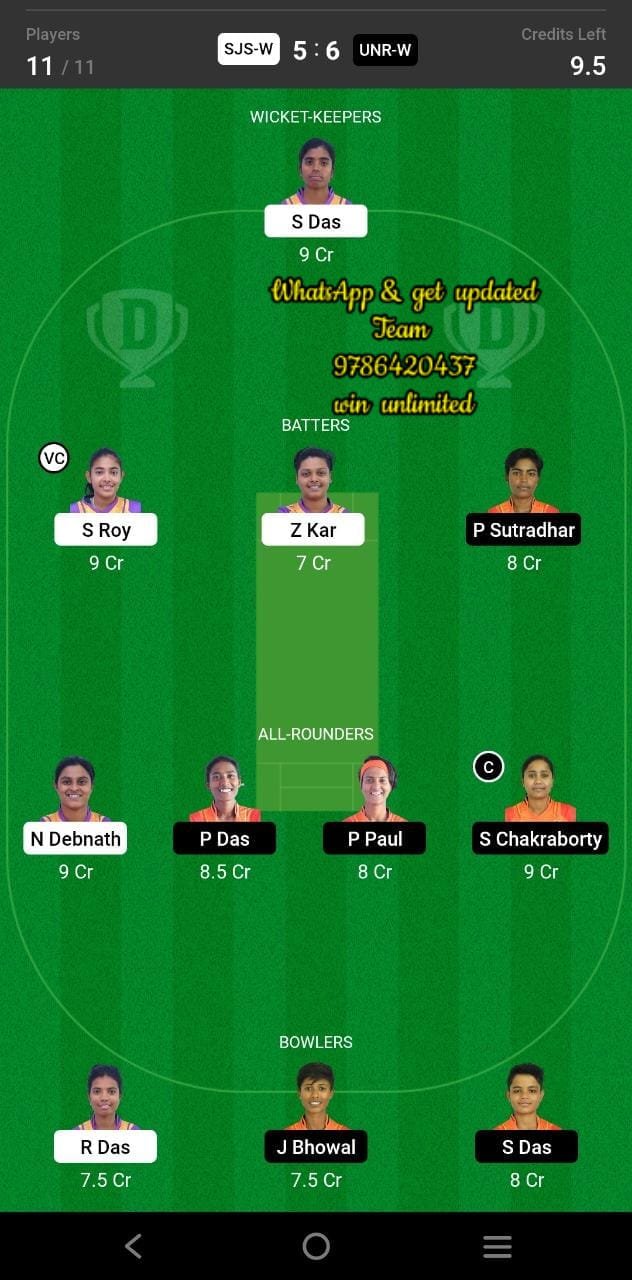 SJS-W vs UNR-W Final Match Dream11 Team fantasy Prediction BYJU'S Tripura Womens T20