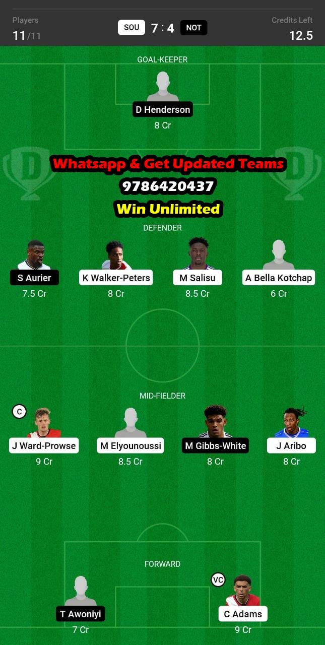 SOU vs NOT Dream11 Team fantasy Prediction Premier League