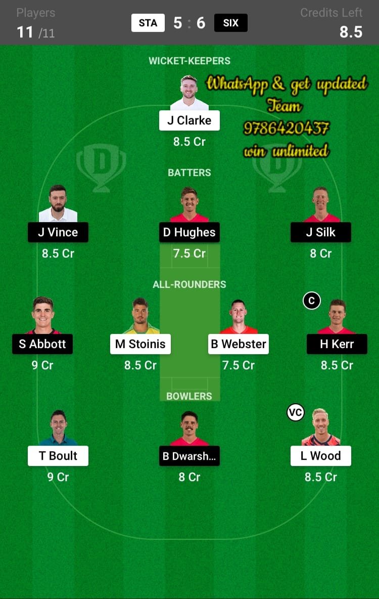 STA vs SIX 31st Match Dream11 Team fantasy Prediction KFC Big Bash League T20