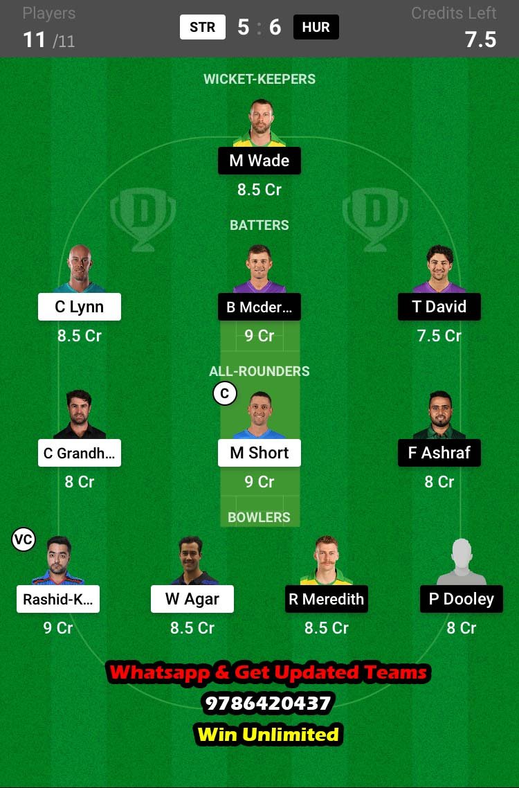 STR vs HUR 30th Match Dream11 Team fantasy Prediction KFC Big Bash League T20