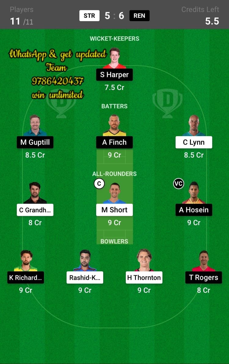 STR vs REN 36th Match Dream11 Team fantasy Prediction KFC Big Bash League T20