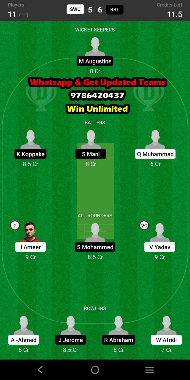 SWU vs RST 5th Match Dream11 Team fantasy Prediction Fancode ECS Malta T10