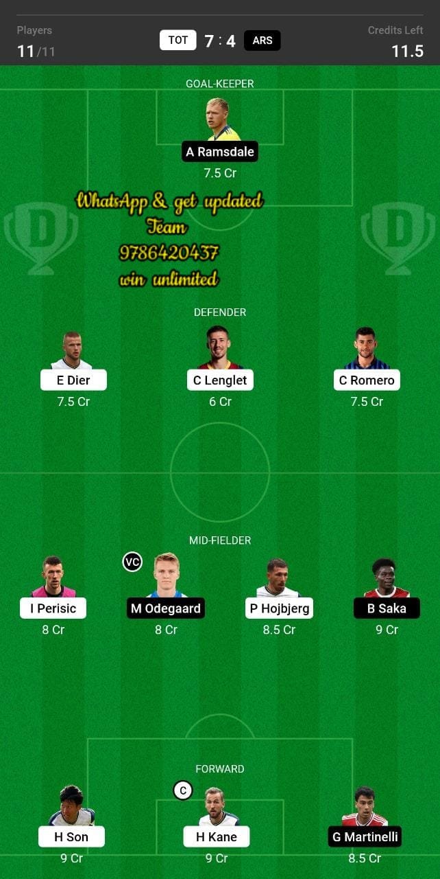 TOT vs ARS Dream11 Team fantasy Prediction Premier League