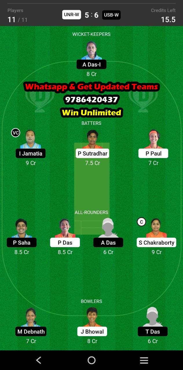 UNR-W vs USB-W 28th Match Dream11 Team fantasy Prediction BYJUS Tripura Womens T20