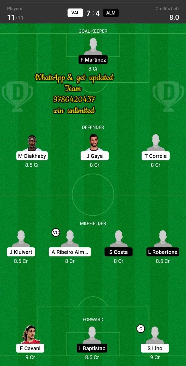 VAL vs ALM Dream11 Team fantasy Prediction La Liga