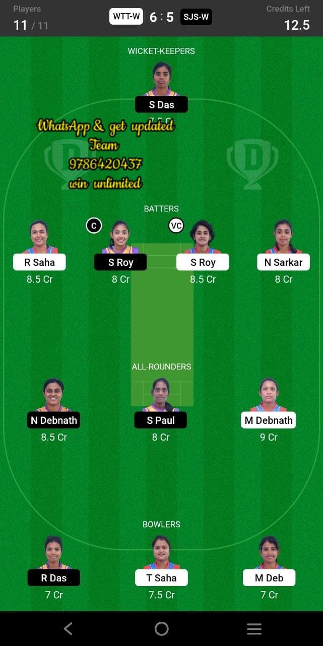 WTT-W vs SJS-W 30th Match Dream11 Team fantasy Prediction BYJU'S Tripura Womens T20