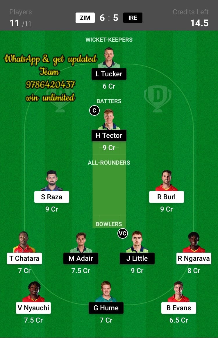 ZIM vs IRE 3rd ODI Match Dream11 Team fantasy Prediction Ireland tour of Zimbabwe