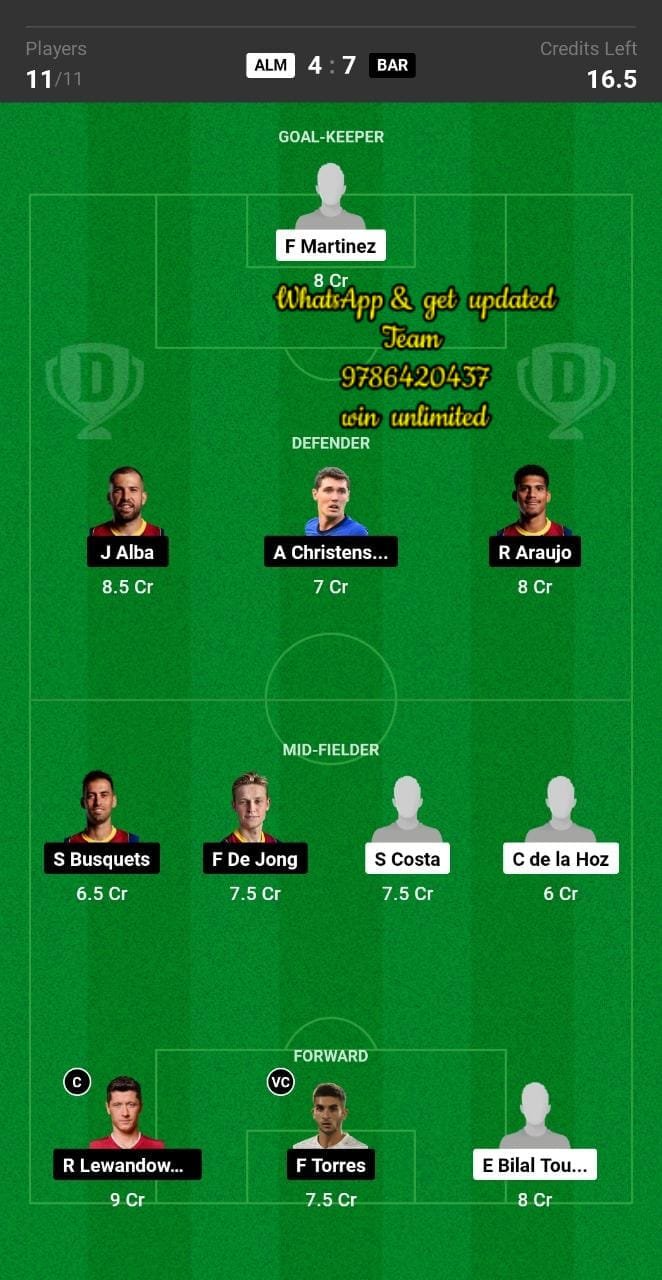 ALM vs BAR Dream11 Team fantasy Prediction La Liga