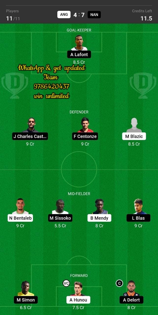 ANG vs NAN Dream11 Team fantasy Prediction French Cup