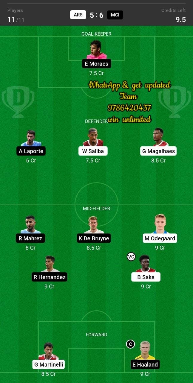 ARS vs MCI Dream11 Team fantasy Prediction Premier League