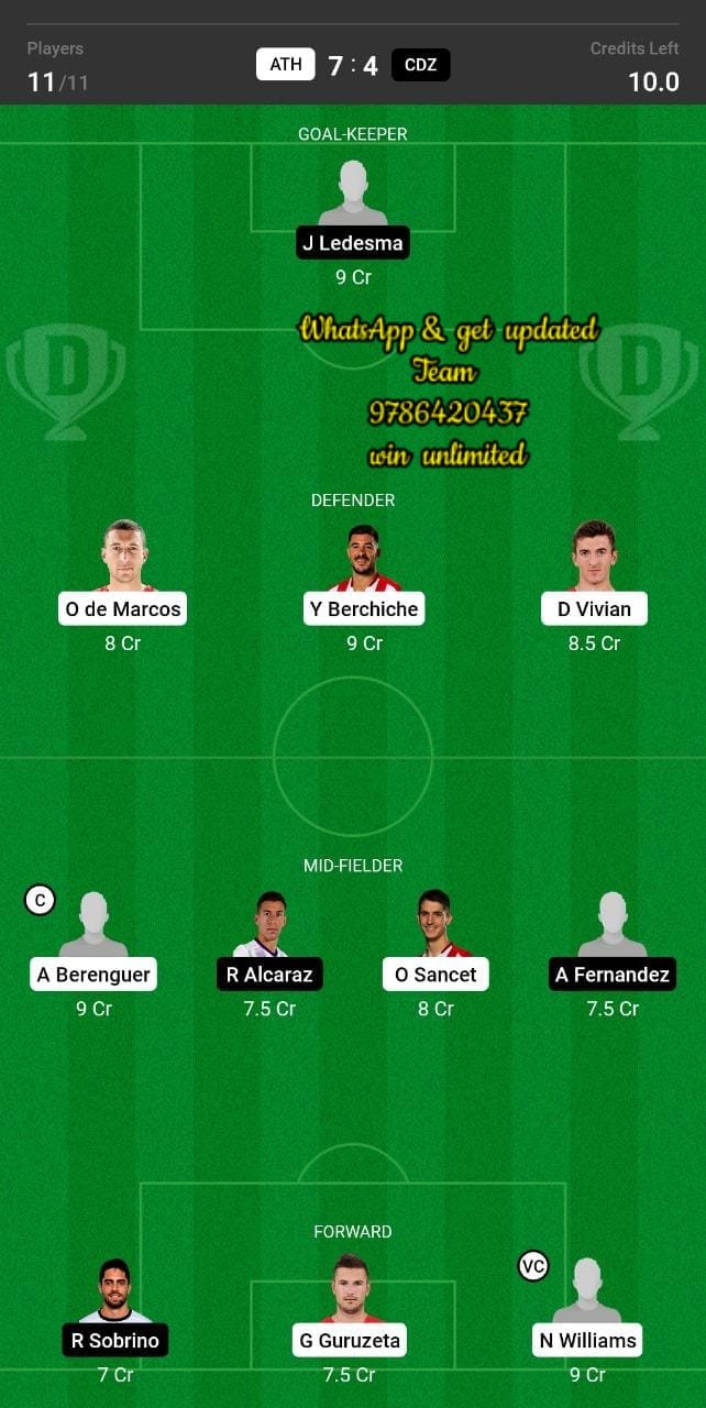 ATH vs CDZ Dream11 Team fantasy Prediction La Liga