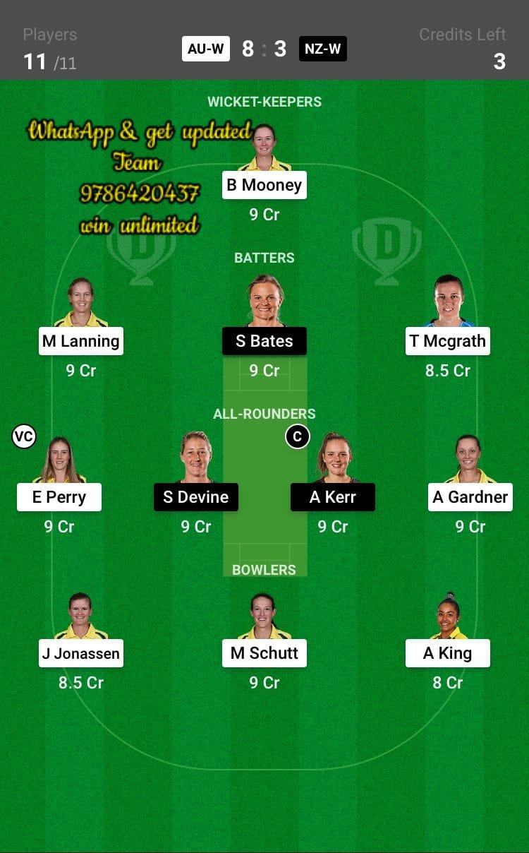 AU-W vs NZ-W 3rd Match Dream11 Team fantasy Prediction ICC Women's T20 World Cup