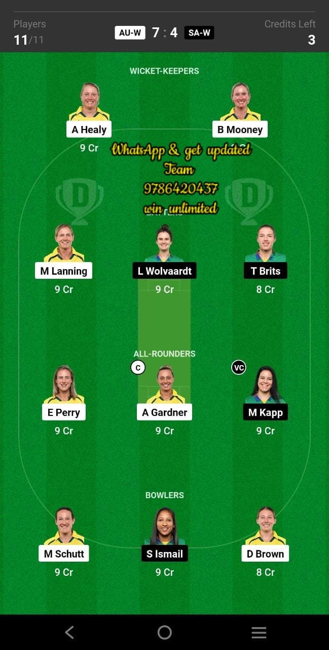 AU-W vs SA-W Final Match Dream11 Team fantasy Prediction ICC Women's T20 World Cup