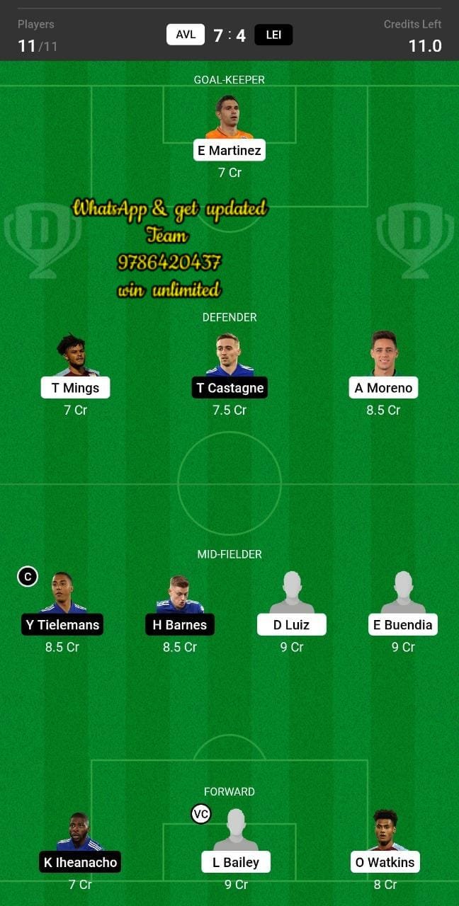 AVL vs LEI Dream11 Team fantasy Prediction Premier League