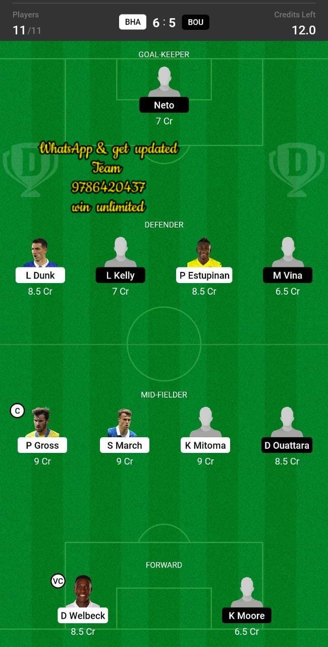 BHA vs BOU Dream11 Team fantasy Prediction Premier League