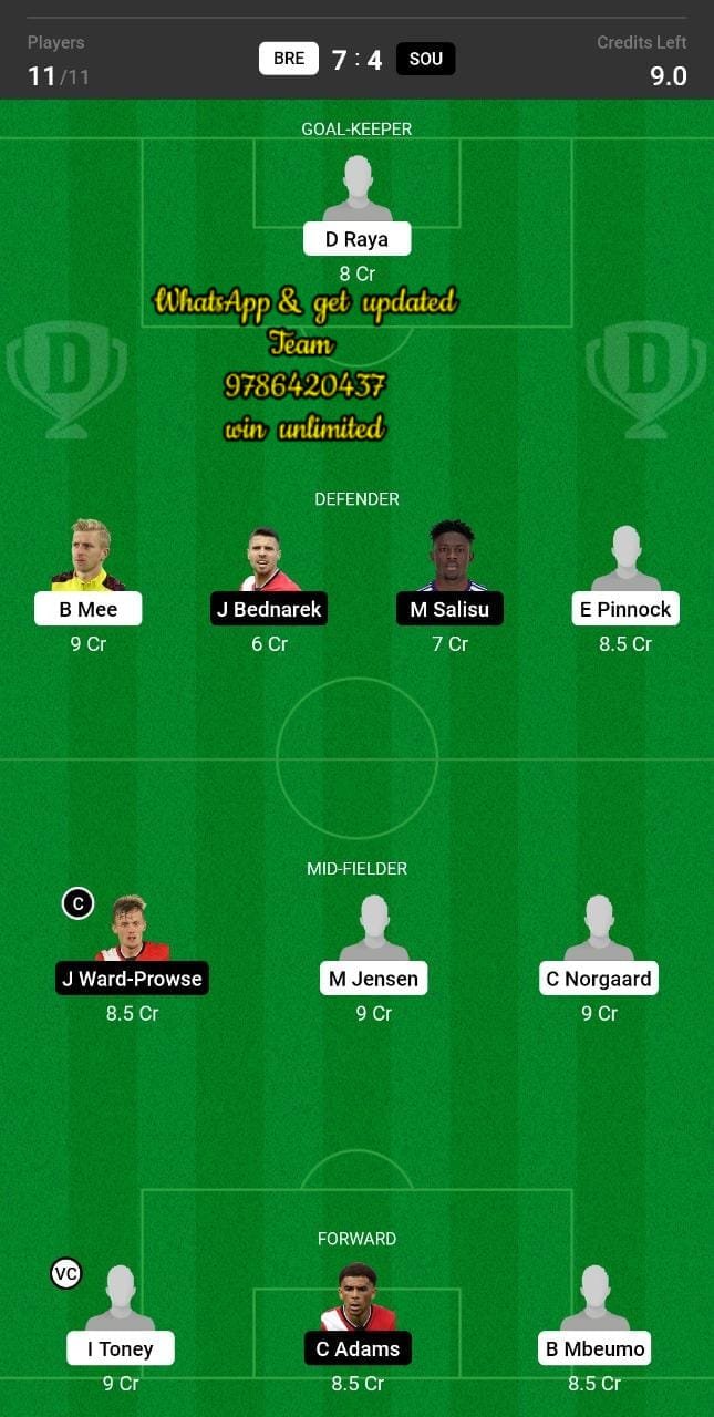 BRE vs SOU Dream11 Team fantasy Prediction Premier League