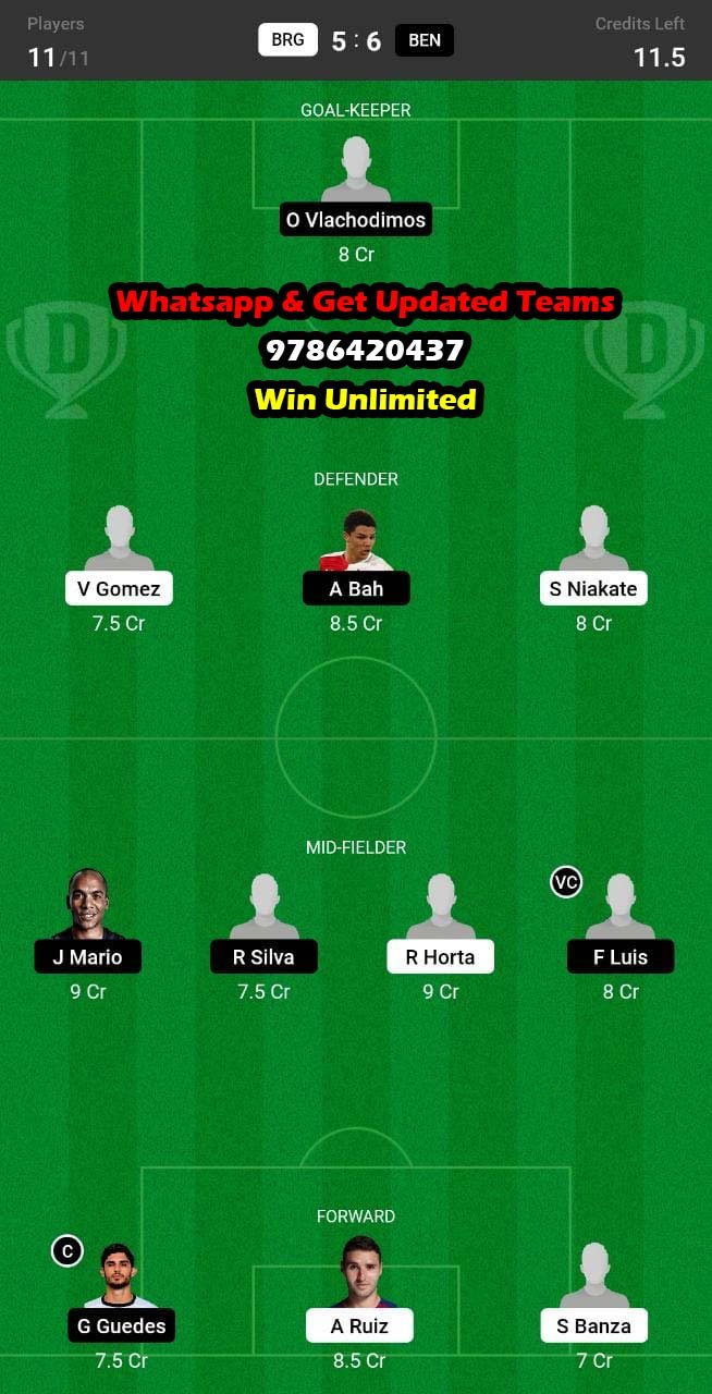 BRG vs BEN Dream11 Team fantasy Prediction Portuguese Cup