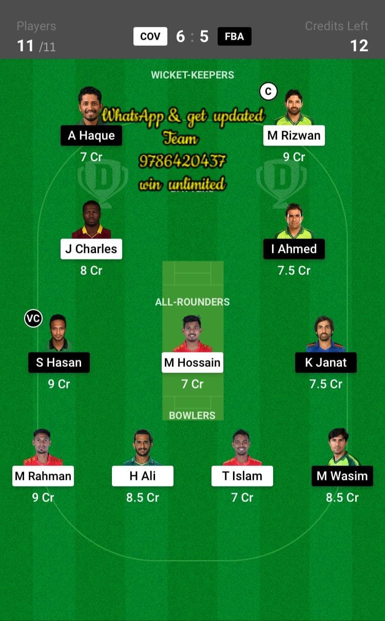 COV vs FBA 38th Match Dream11 Team fantasy Prediction Bangladesh Premier League