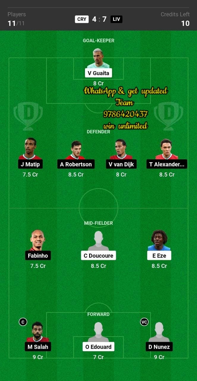 CRY vs LIV Dream11 Team fantasy Prediction Premier League