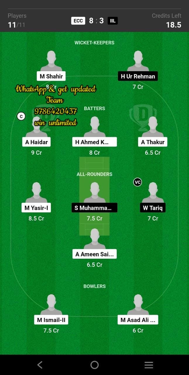 ECC vs ILL 30th Match Dream11 Team fantasy Prediction ICCA Arabian T20 League