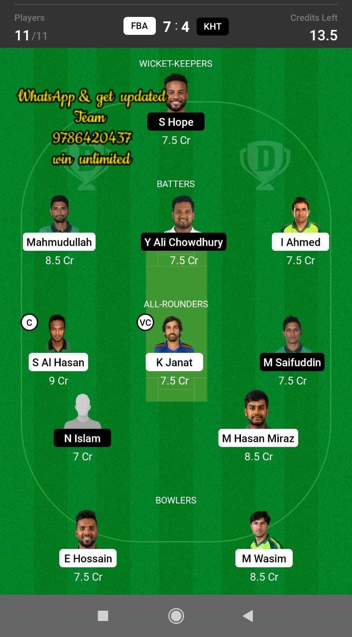 FBA vs KHT 42nd Match Dream11 Team fantasy Prediction Bangladesh Premier League