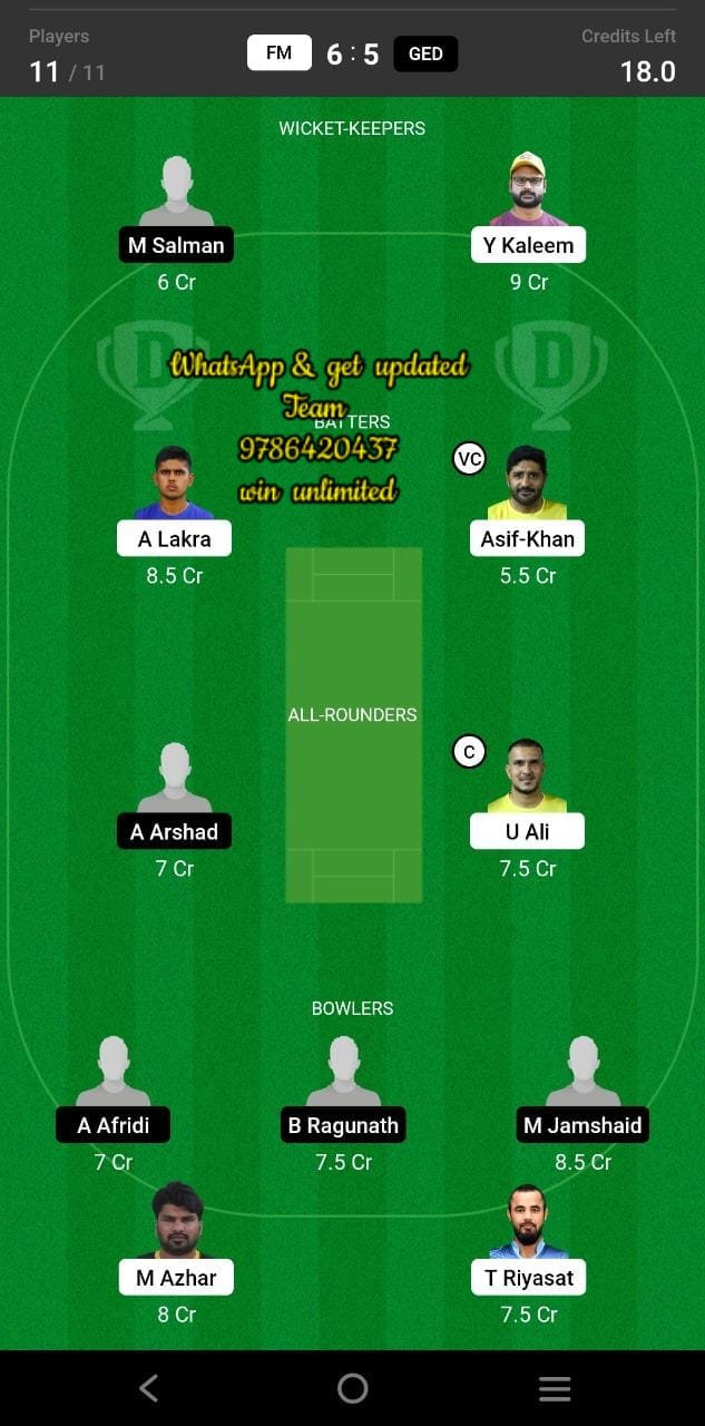 FM vs GED 23rd Match Dream11 Team fantasy Prediction ICCA Arabian T20 League