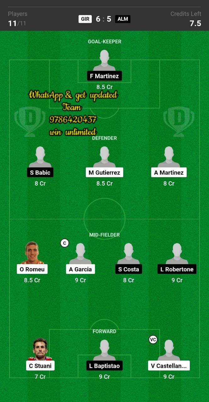 GIR vs ALM Dream11 Team fantasy Prediction La Liga