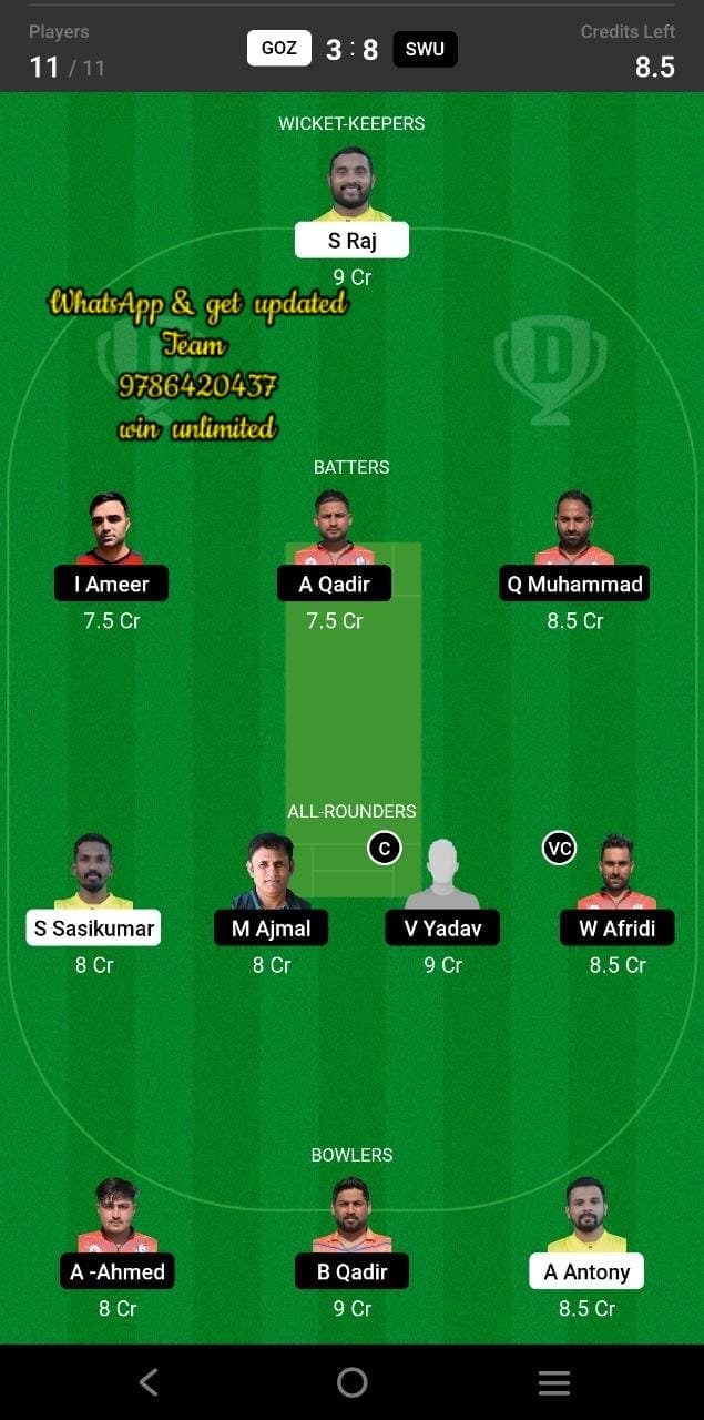 GOZ vs SWU 55th Match Dream11 Team fantasy Prediction FanCode ECS Malta T10