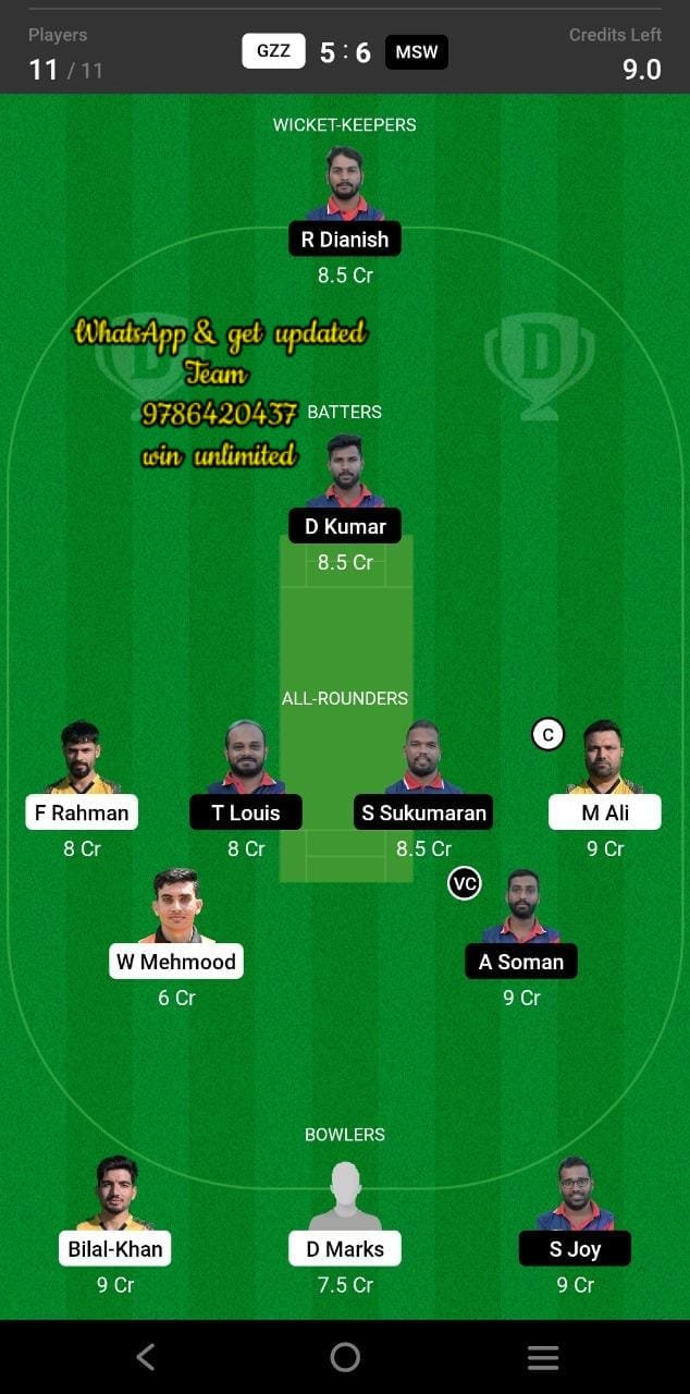 GZZ vs MSW 69th Match Dream11 Team fantasy Prediction FanCode ECS Malta T10