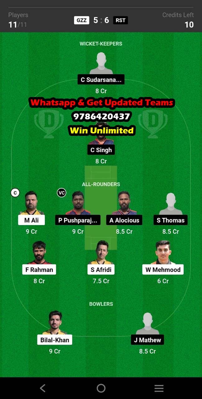 GZZ vs RST 85th Match Dream11 Team fantasy Prediction Fancode ECS Malta T10