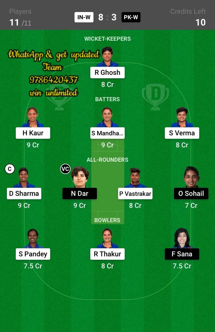 IN-W vs PK-W 4th Match Dream11 Team fantasy Prediction ICC Women's T20 World Cup