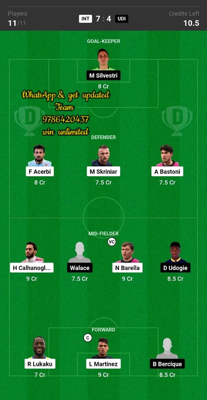 INT vs UDI Dream11 Team fantasy Prediction Serie AINT vs UDI Dream11 Team fantasy Prediction Serie A