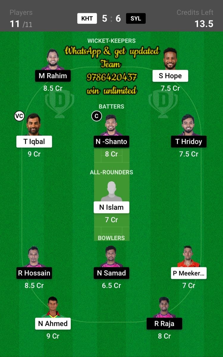 KHT vs SYL 39th Match Dream11 Team fantasy Prediction Bangladesh Premier League