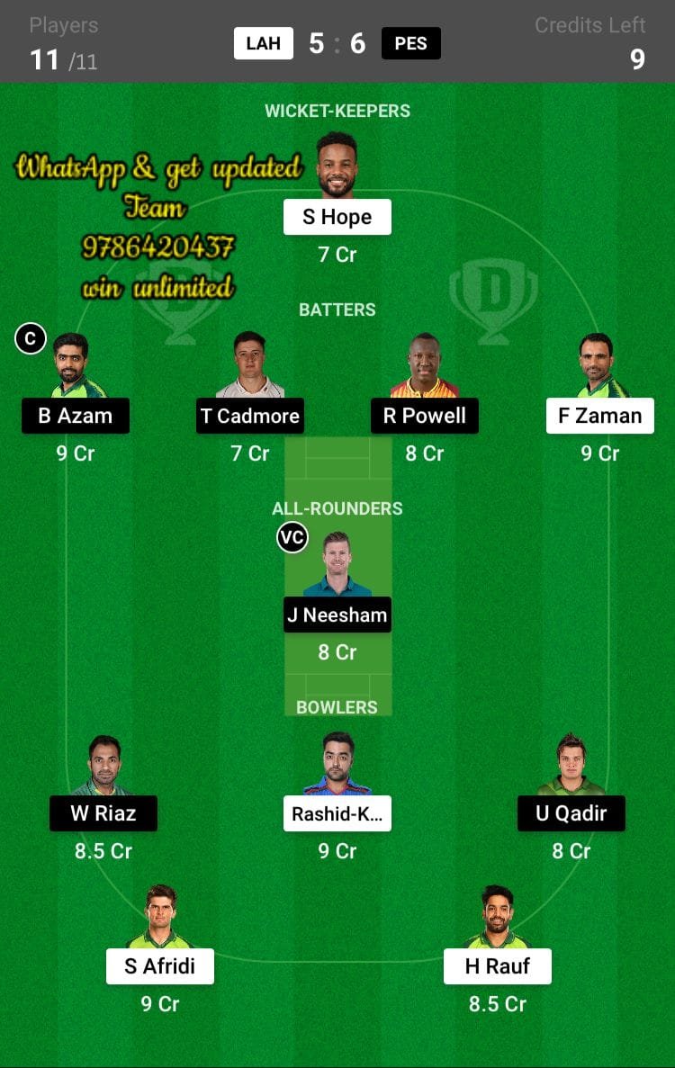 LAH vs PES 15th Match Dream11 Team fantasy Prediction Bangladesh Premier League