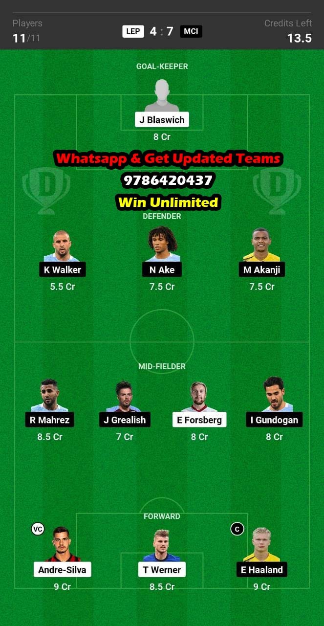 LEP vs MCI Dream11 Team fantasy Prediction UEFA Champions League