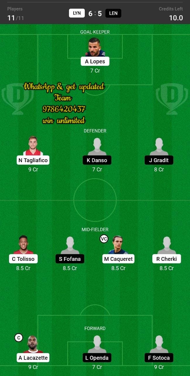 LYN vs LEN Dream11 Team fantasy Prediction Ligue 1