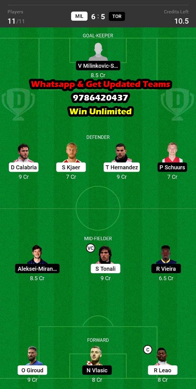 MIL vs TOR Dream11 Team fantasy Prediction Serie A