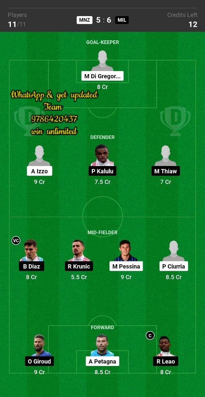 MNZ vs MIL Dream11 Team fantasy Prediction Serie A