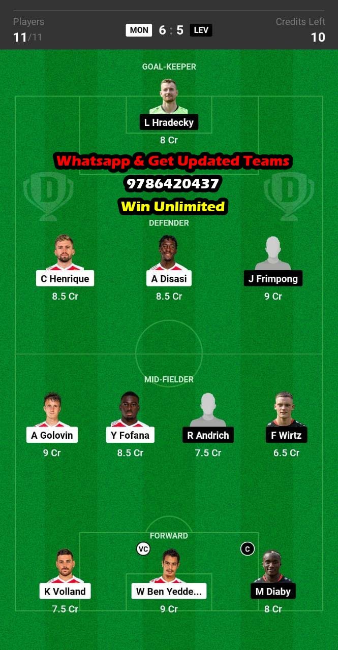 MON vs LEV Dream11 Team fantasy Prediction UEFA Europa League