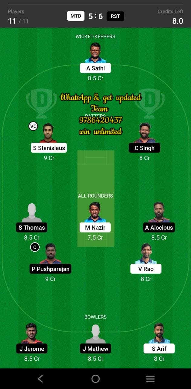 MTD vs RST 63rd Match Dream11 Team fantasy Prediction FanCode ECS Malta T10