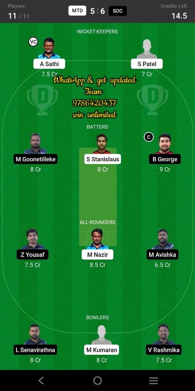 MTD vs SOC 22nd Match Dream11 Team fantasy Prediction FanCode ECS Malta T10